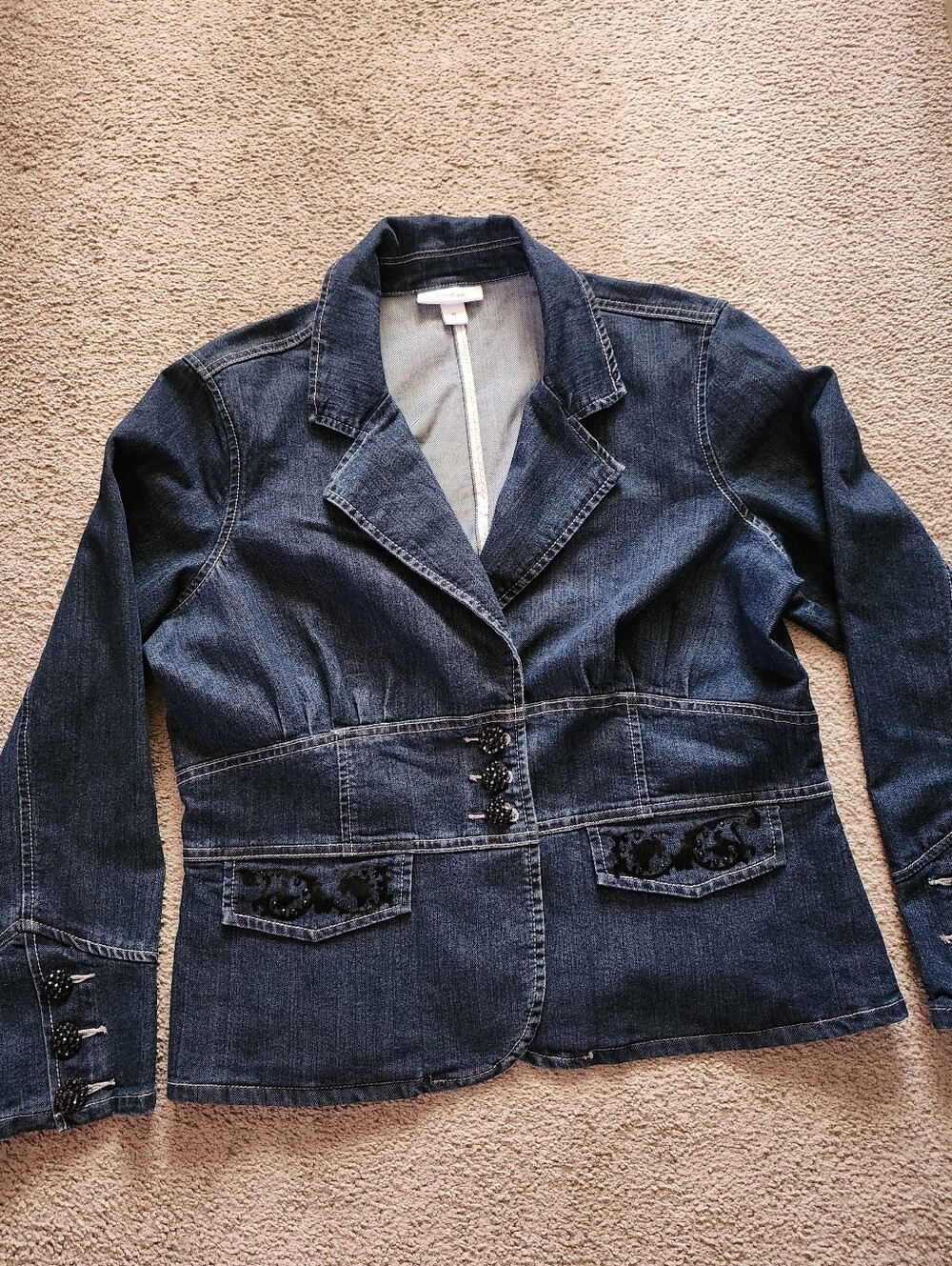 Dress Barn Denim Cropped Blazer w/Rhinestone Details